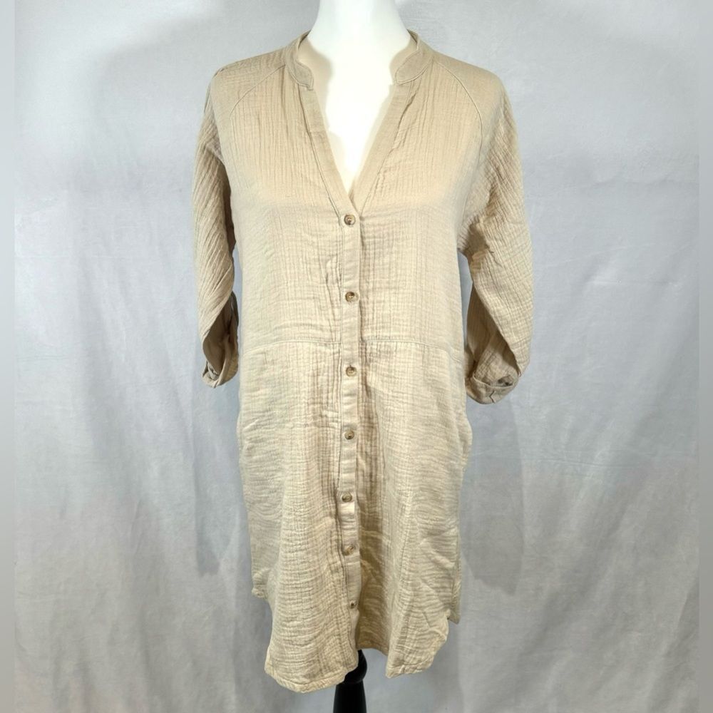 Solai the Label beige 100% cotton linen shirt dress with pockets size small
